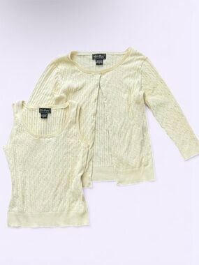 Eddie Bauer Pima Cotton Cable Knit Cardigan Tank Set Pale Yellow 2 Piece Women S